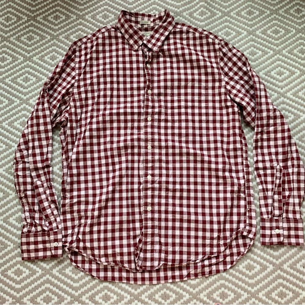 J. Crew Plaid Gingham Checkered Long Sleeve Button Down Men's Red Shirt Large
